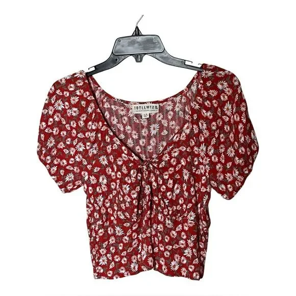 Idyllwind Brick Red Bay Cove Floral Crop Peasant Top Shirt Blouse Size Large - Picture 2 of 12